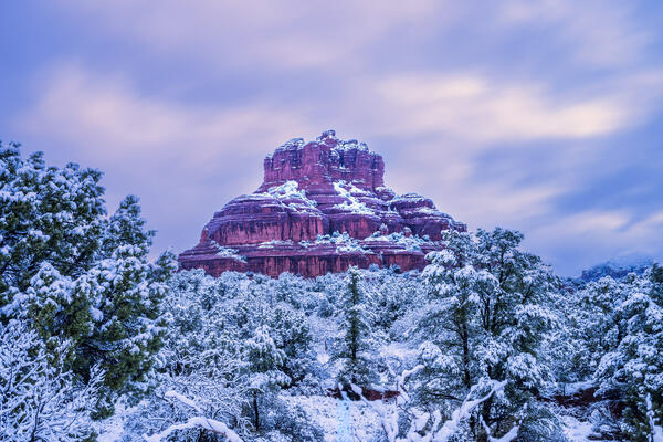 Sedona lanscape scene of Bell Rock covered in snow along with the surrounding trees