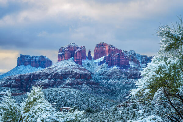Sedona lanscape scene of Cathedral Rock covered in snow