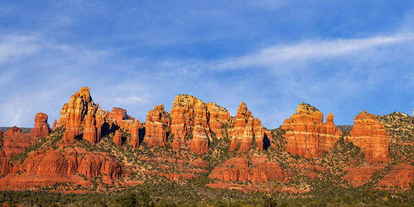 Sedona lanscape scene of a panoramic view of red rock formations in the early morning