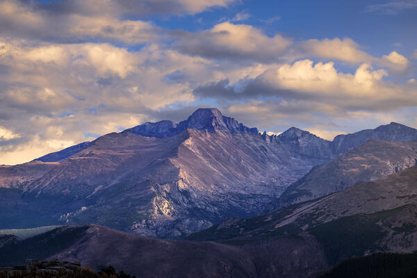 Late light on a large mountain called Long's Peak in Rocky Mountain National Park