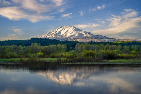 Washington landscape scene of view of Mount Adams reflecting in Trout Lake