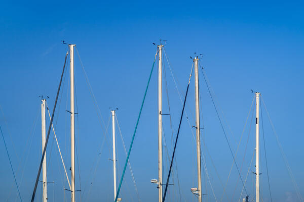 a group of sailboat masts against a blue sky