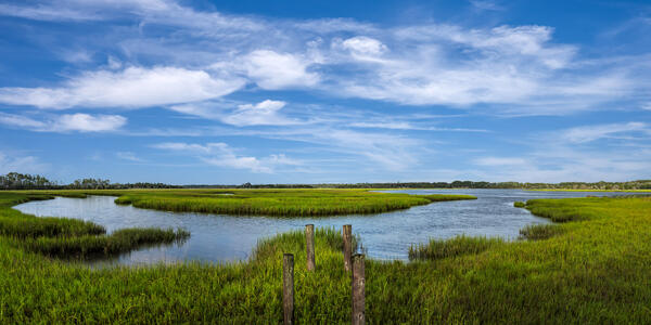 panoramic view of a curving river and old dock pilings at sunset in Florida