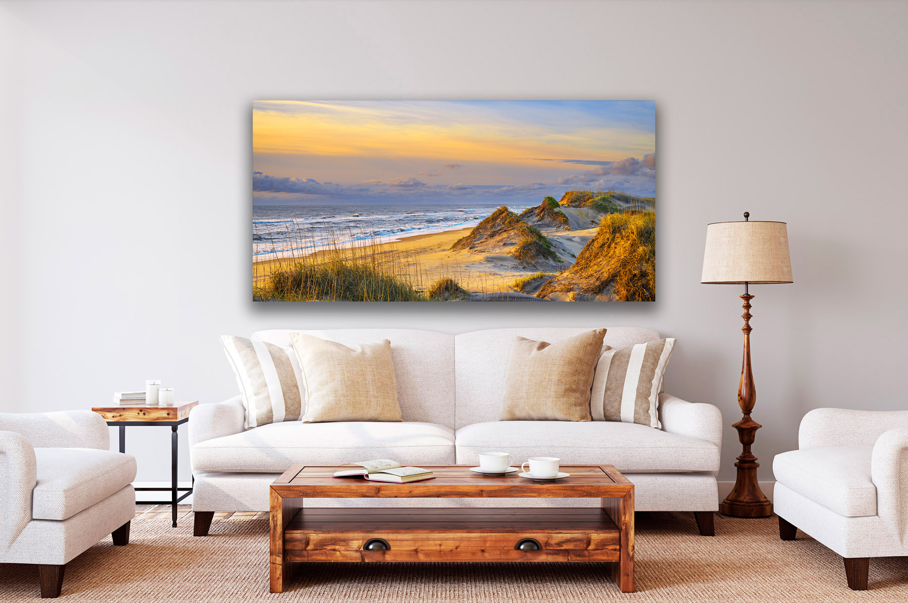 Outer Banks Sand Dunes at sunrise as a fine art print on a living room wall