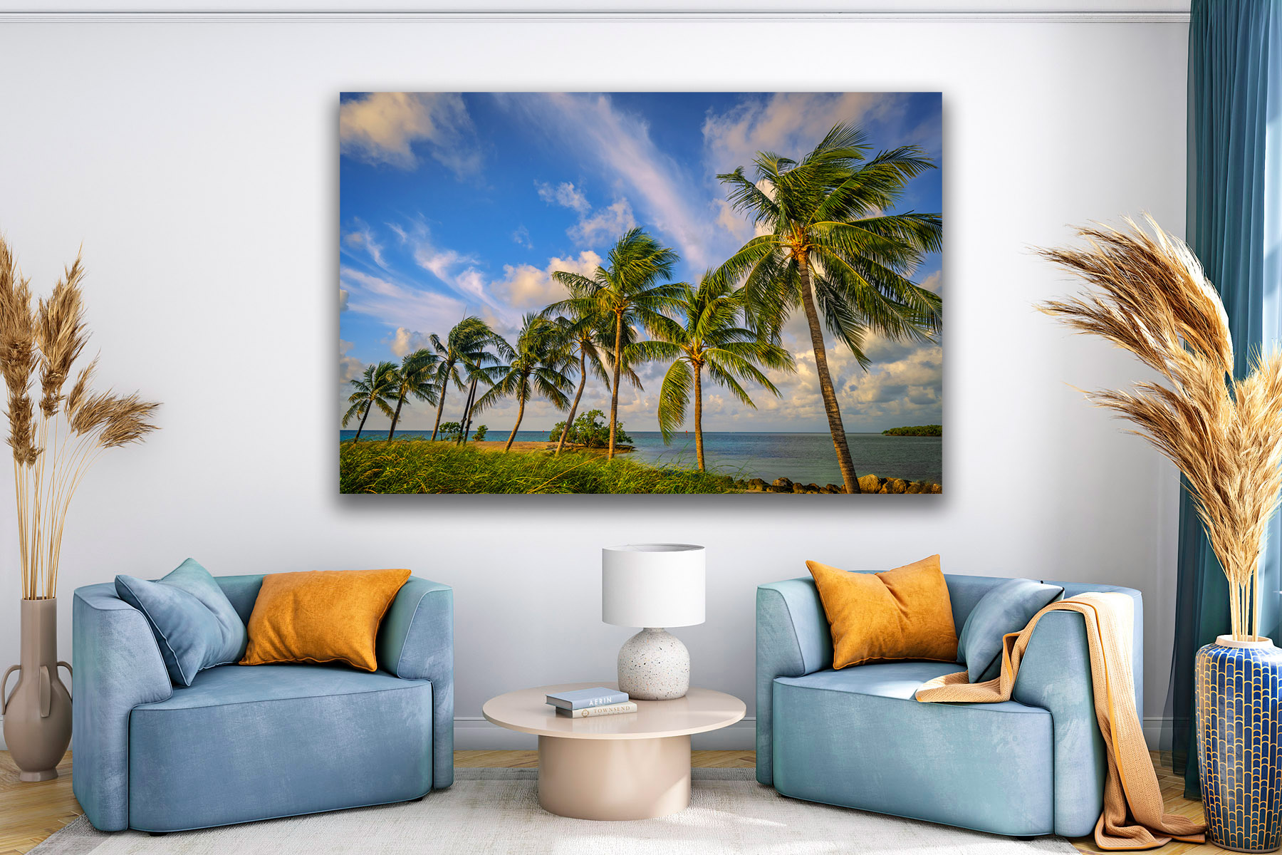 Eight palm trees on a beach as a photo print on the wall