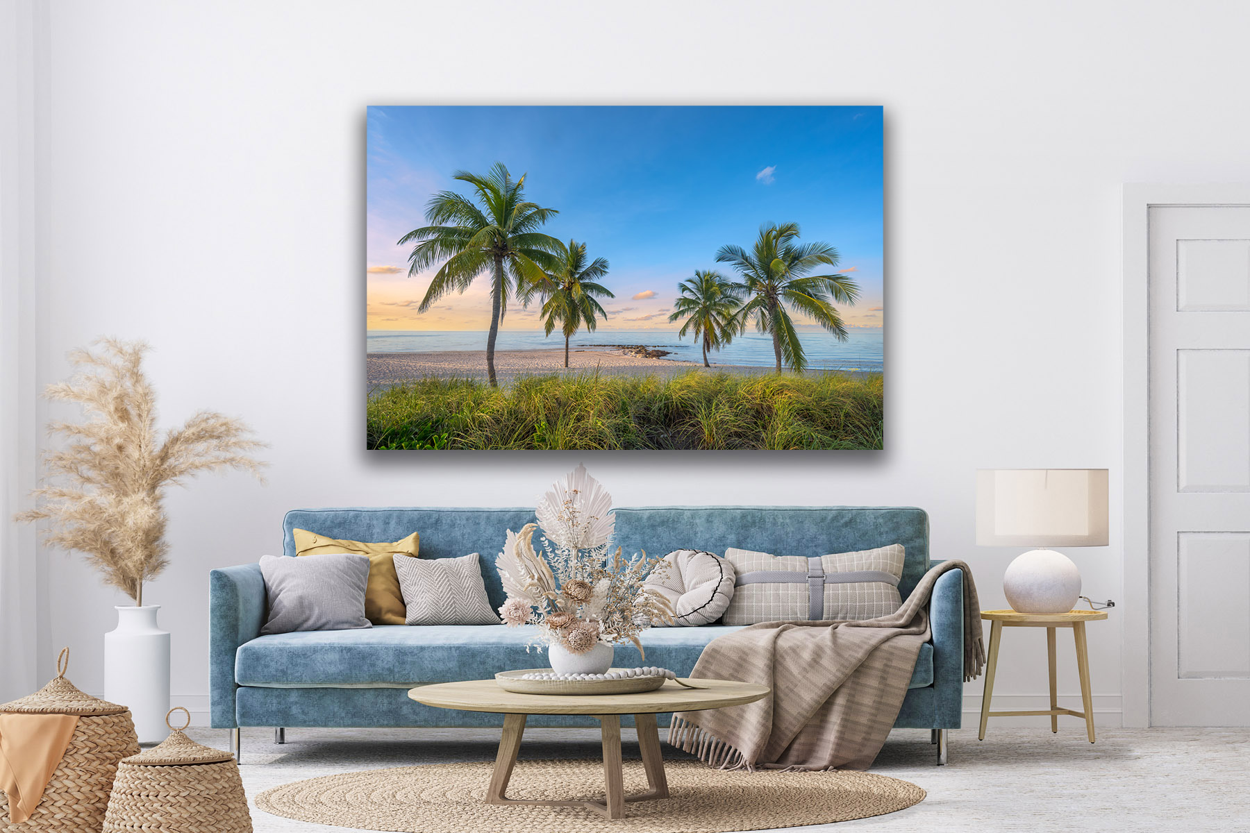 Four palm trees on a beach in the Florida Keys as a print on the wall