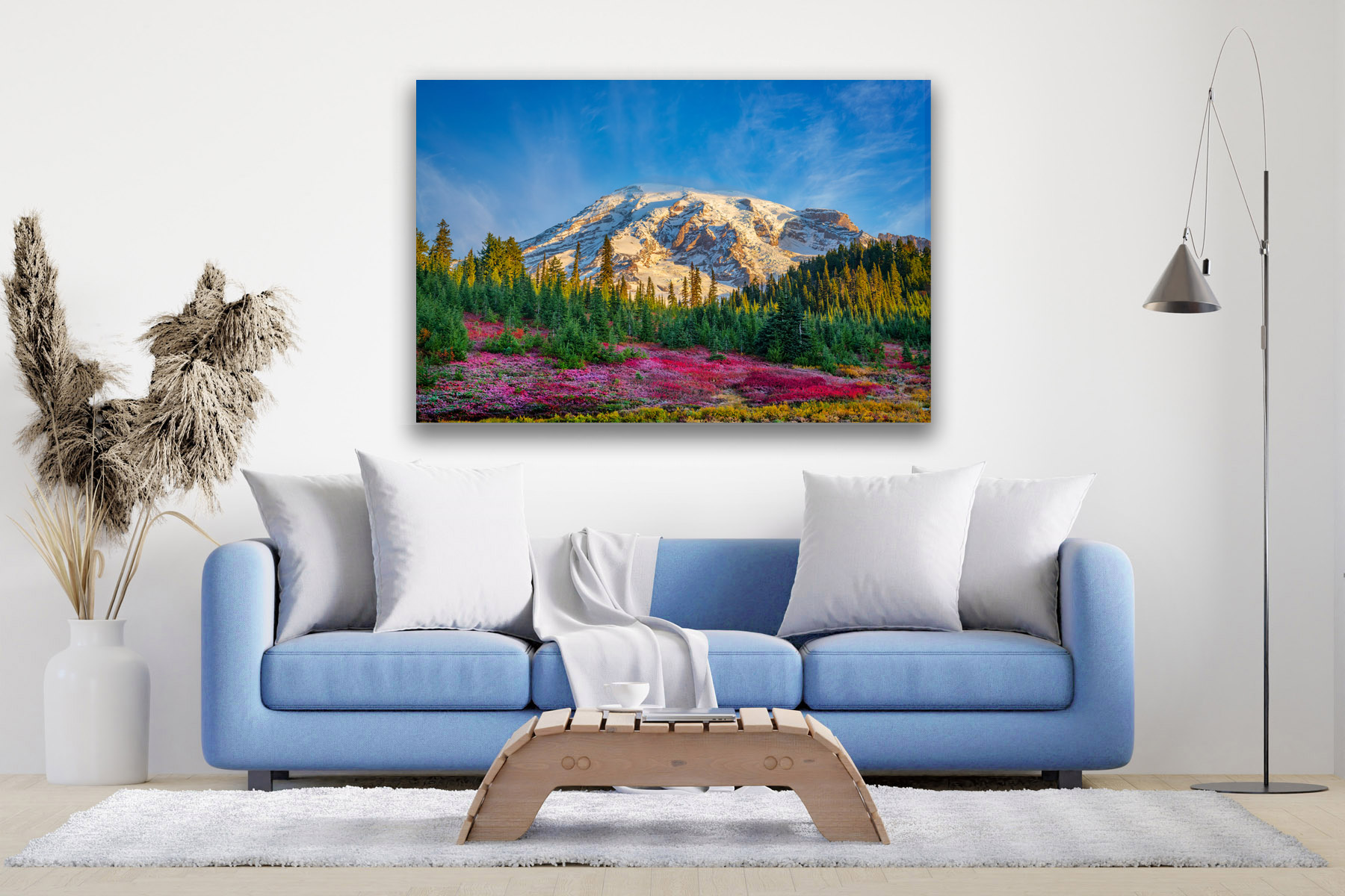 Red flowers and Mount Rainier as a fine art photo print on the wall