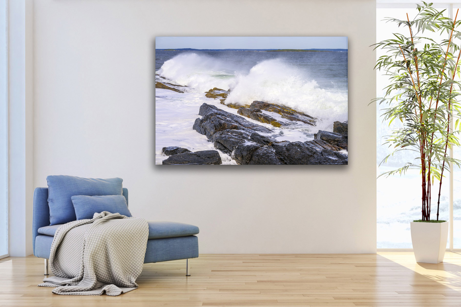 Waves Splashing on rocky Maine coast as a fine art photo print on the wall