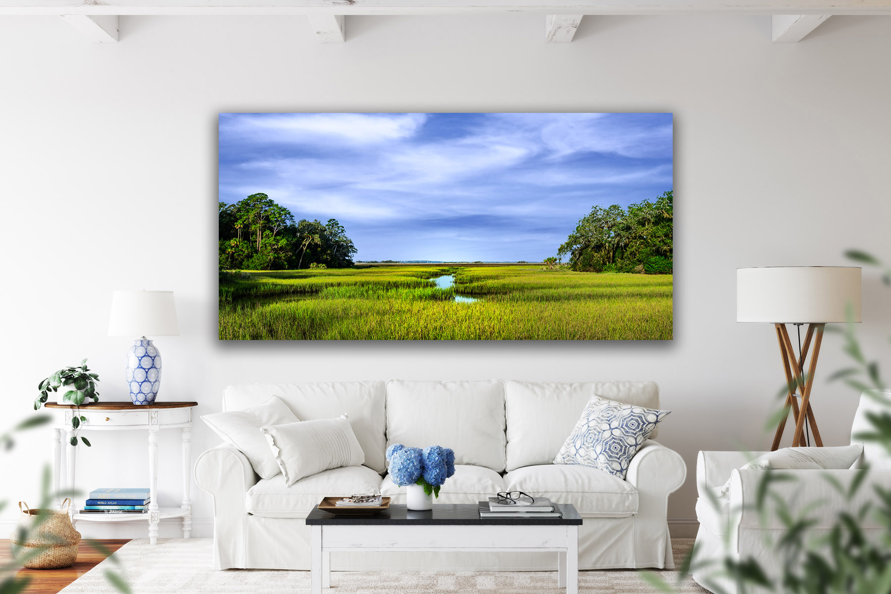 Florida landscape scene of a green marsh with river as a print on the wall