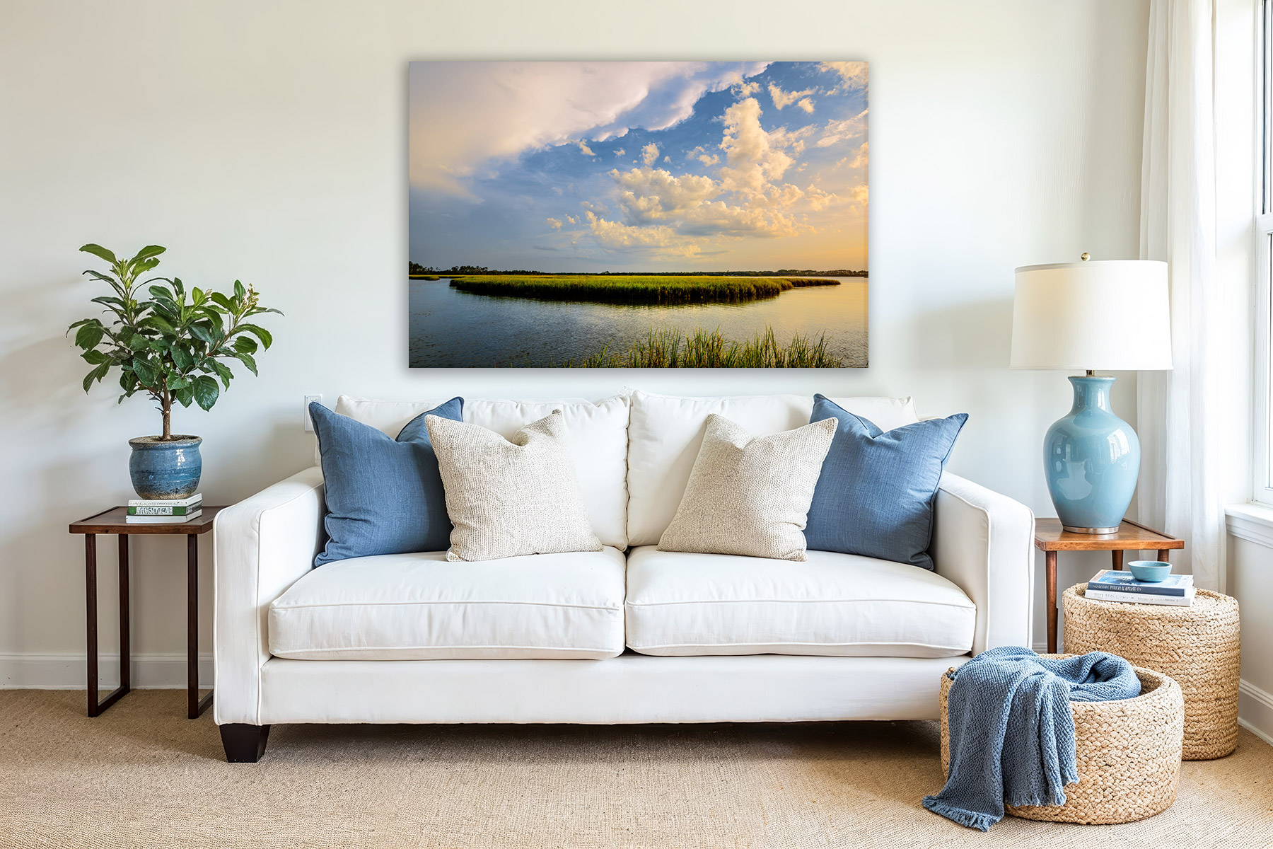 Florida landscape scene of sunset skies over a river curved in front of a marsh as a print on a wall