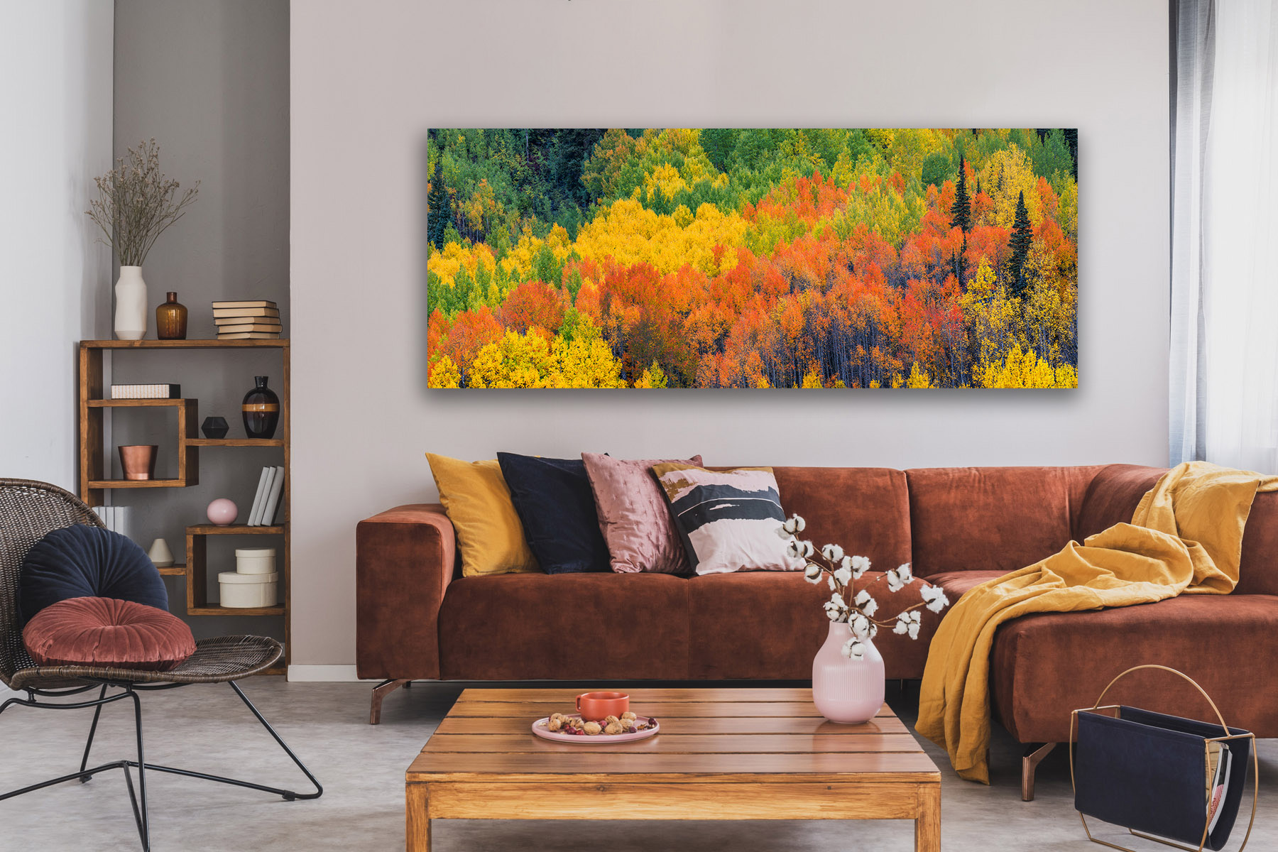 Panoramic landscape of Aspen trees in fall color as a print on a wall