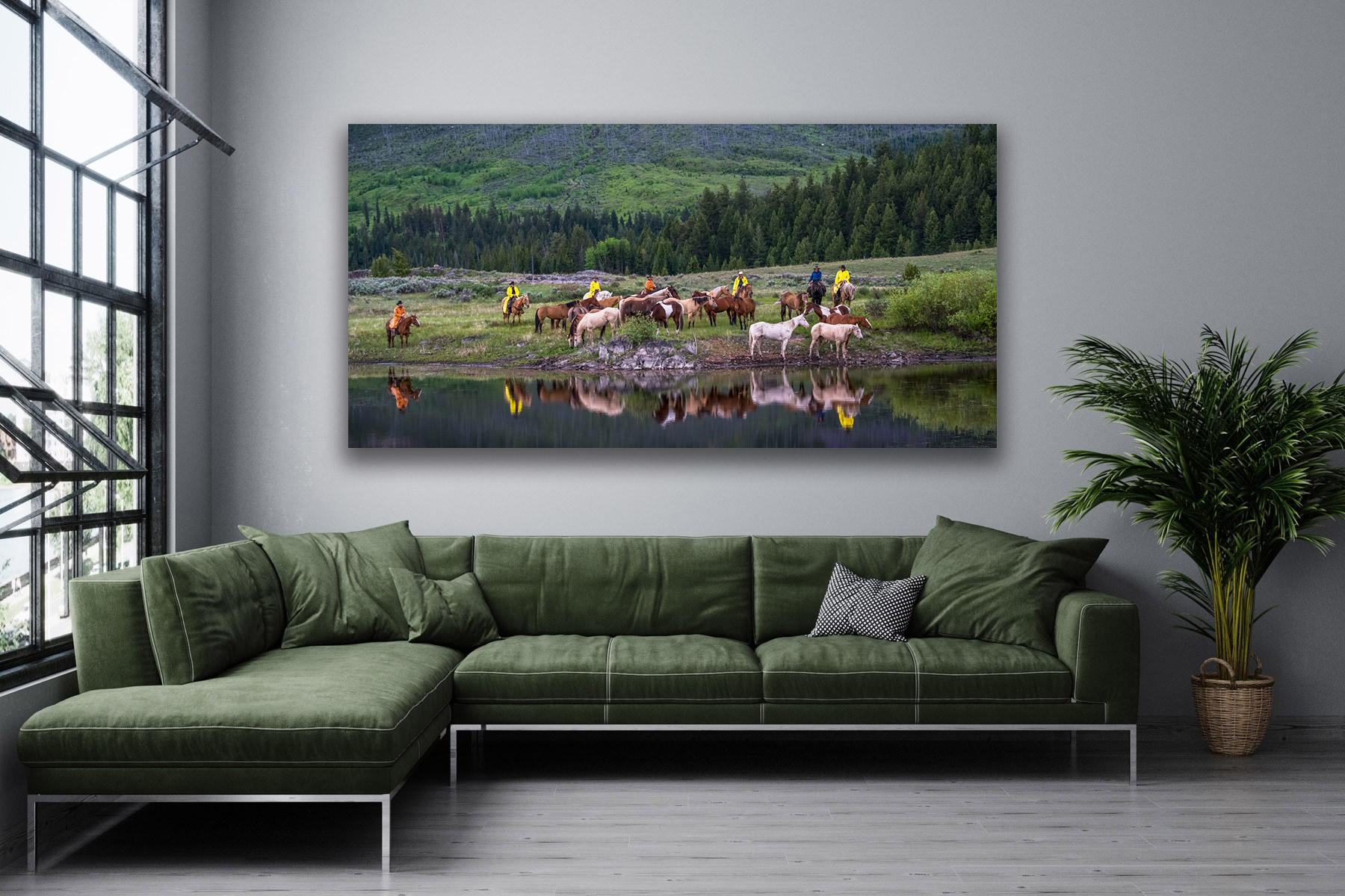 Cowboys and horses at a pond as a fine art photo print on the wall