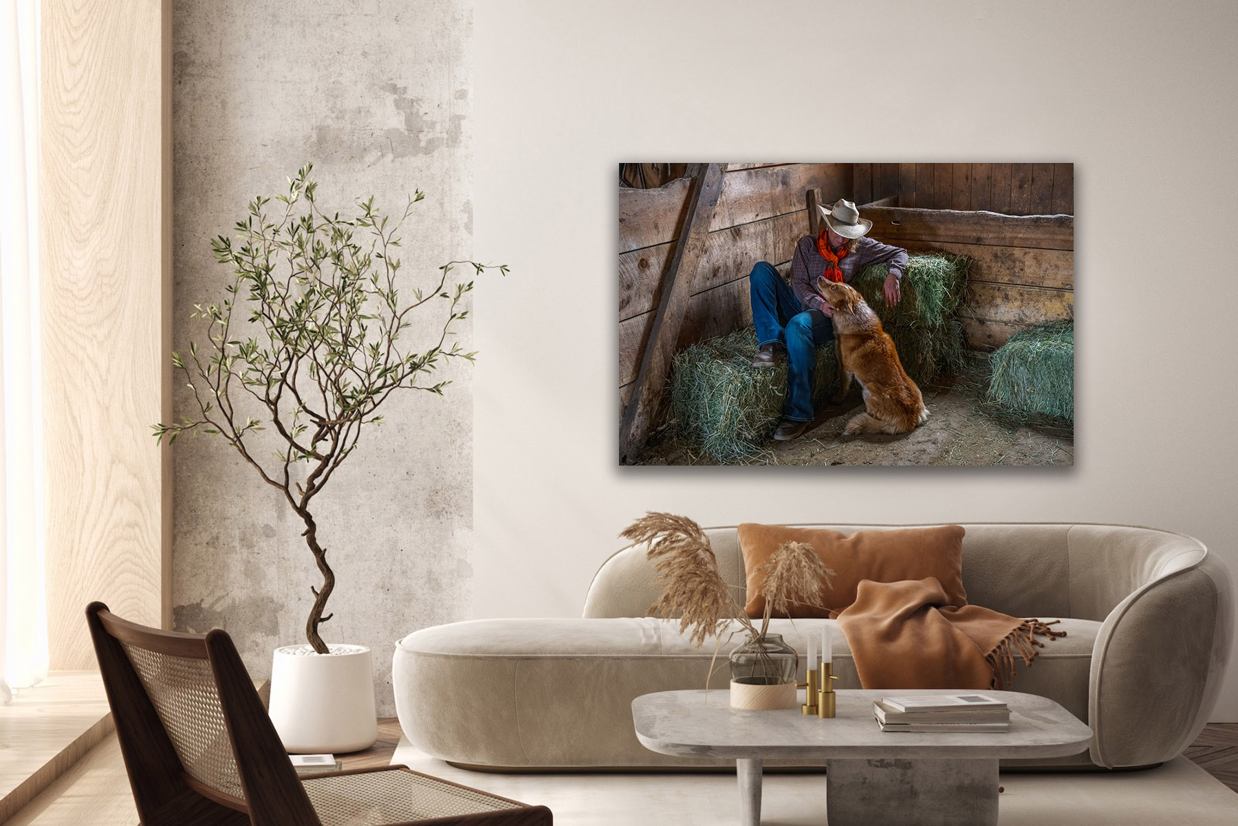 Cowgirl with Dog in a Barn as fine art photo print on the wall