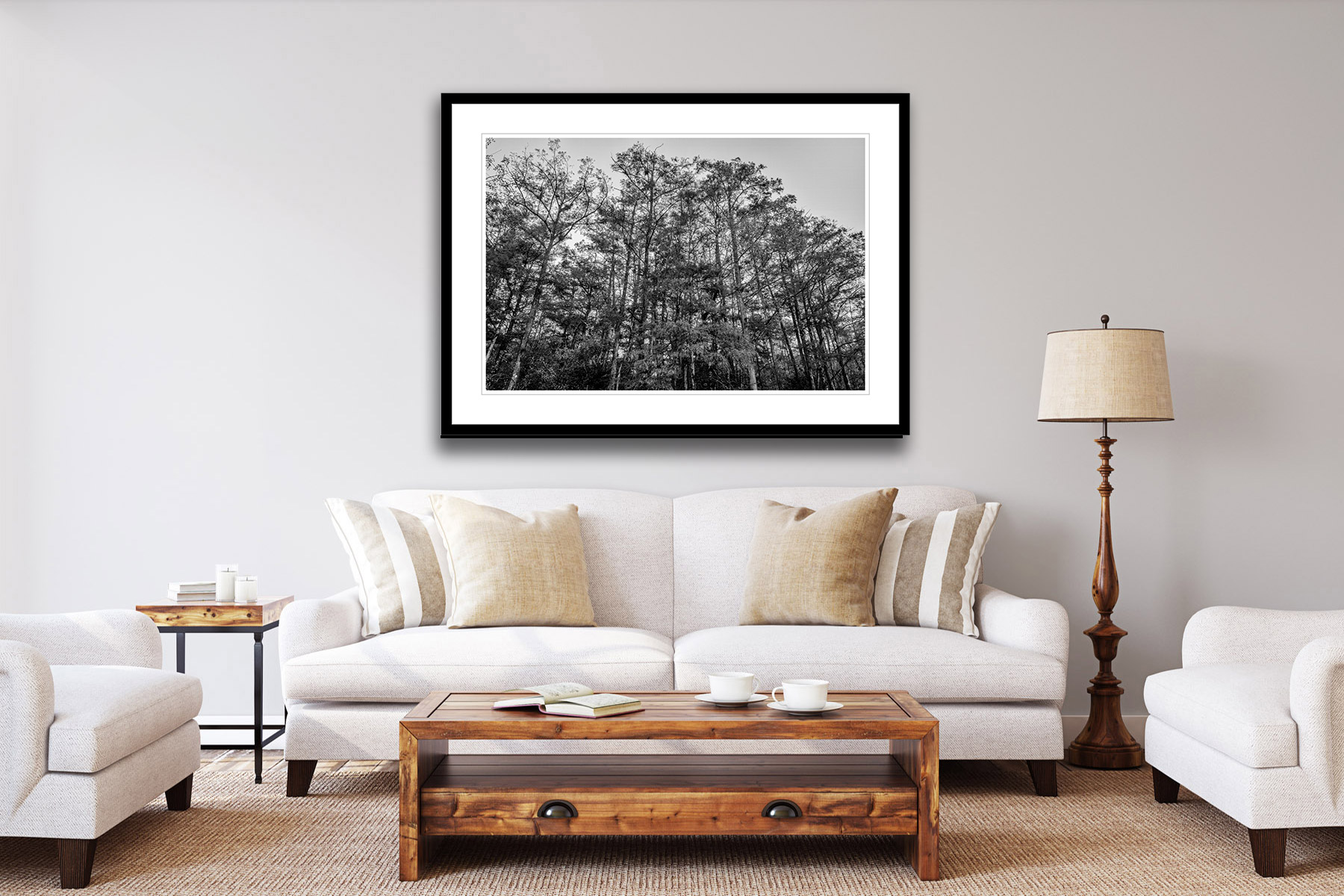 black and white view of cypress trees as a print on a wall