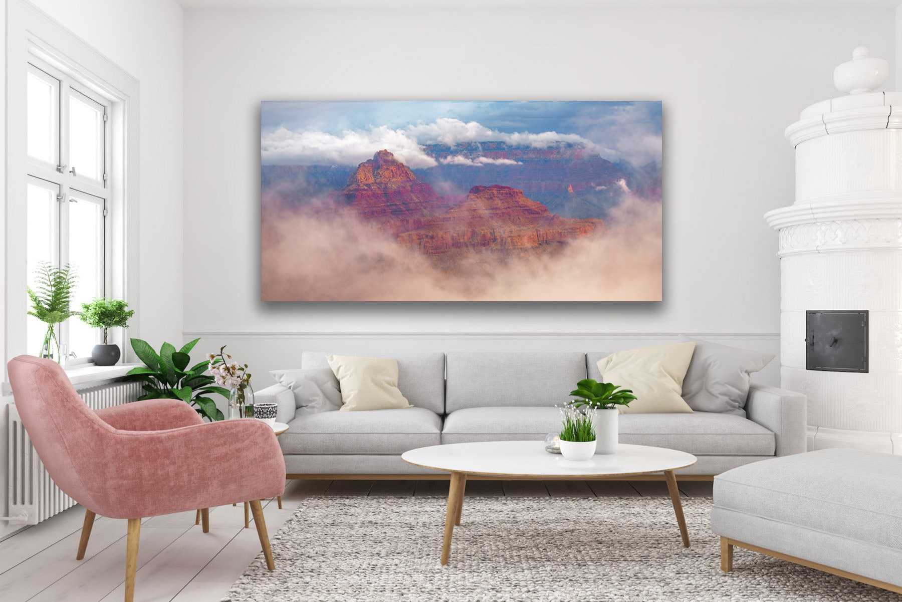 Grand Canyon rock formation emerging through the clouds as a fine art photo print on the wall