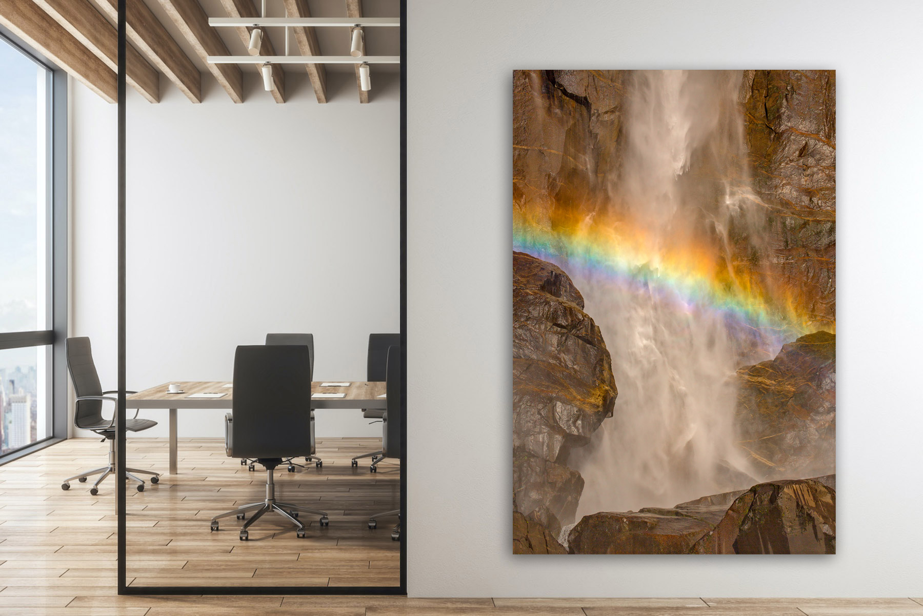 Rainbow in the base of Bridalveil Falls in Yosemite as a fine art photo print on the wall