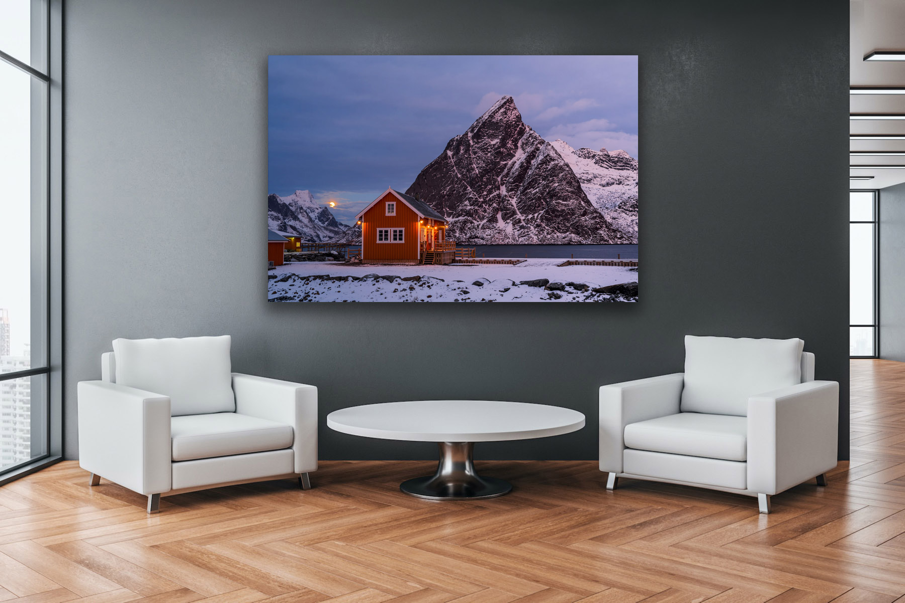 Moon setting behind a Norway cabin in winter as a fine art photo print on the wall