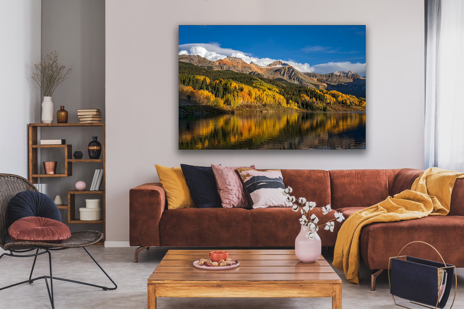 Colorado wall art on a wall of big white clouds rising behind the mountains with fall color reflecting in Trout Lake
