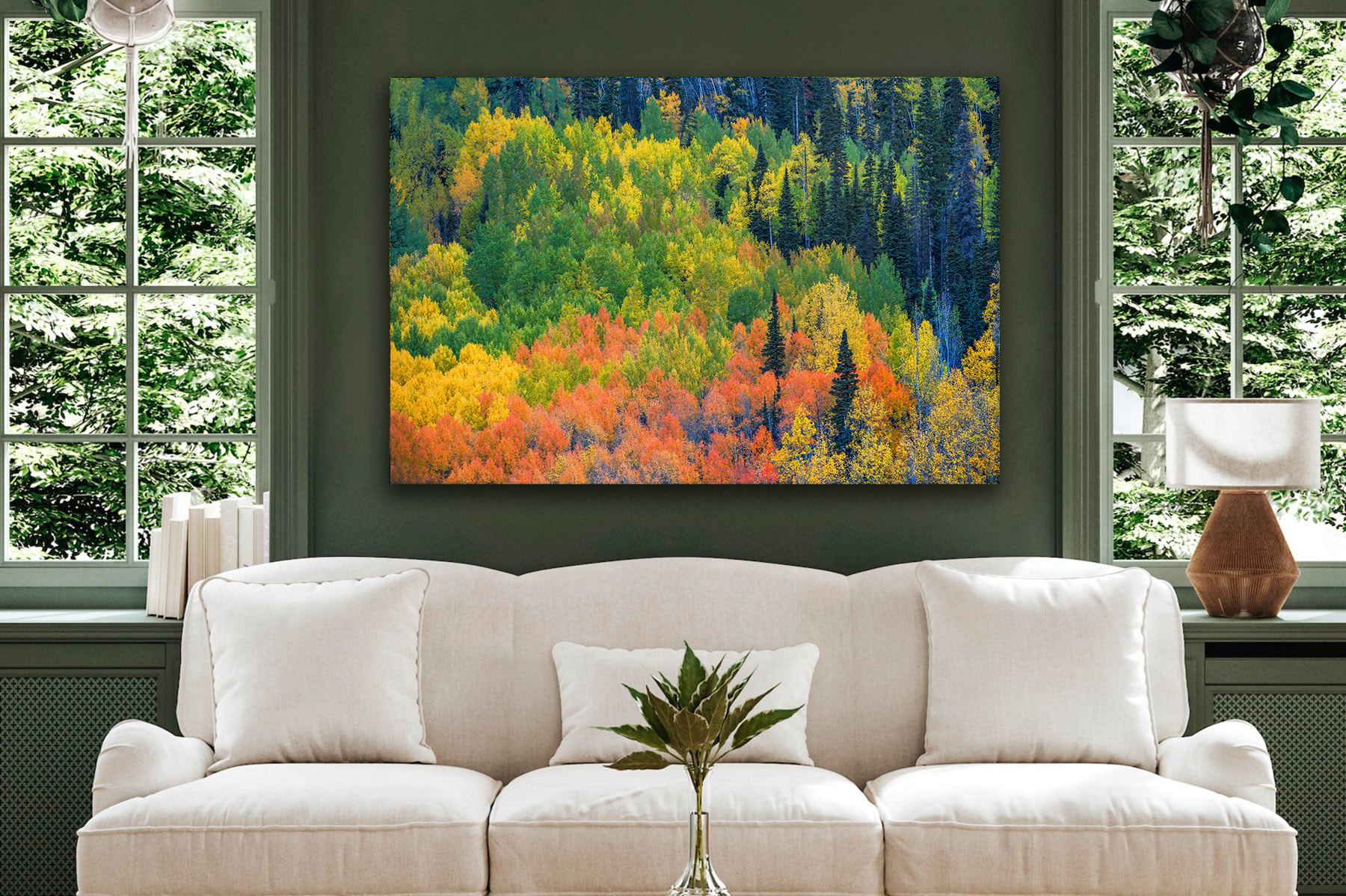Aspen trees in peak fall color as wall art in a room