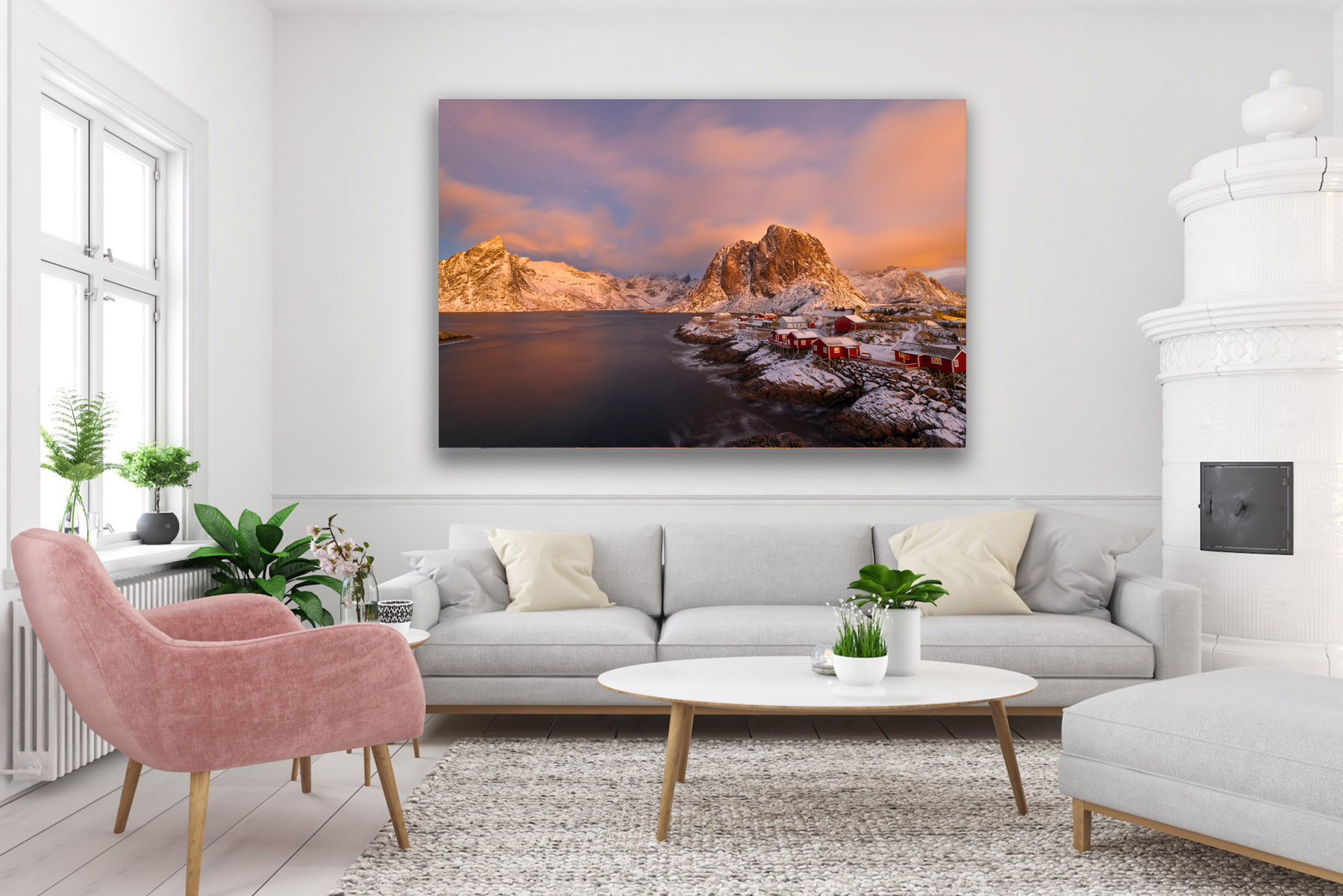 Norway winter mountains and red cabins at sunrise as a fine art photo print on the wall