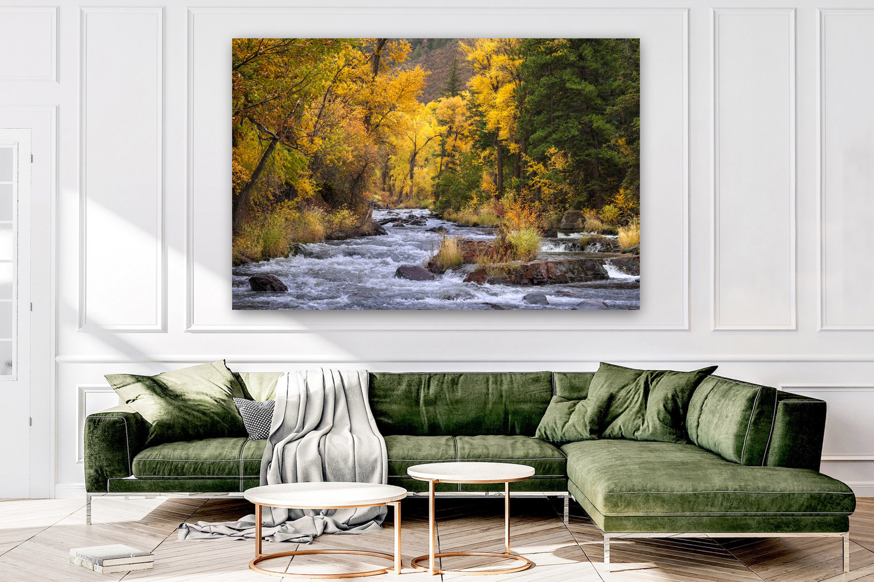Fall Cottonwood trees on a river in Colorado as a fine art photo print on the wall