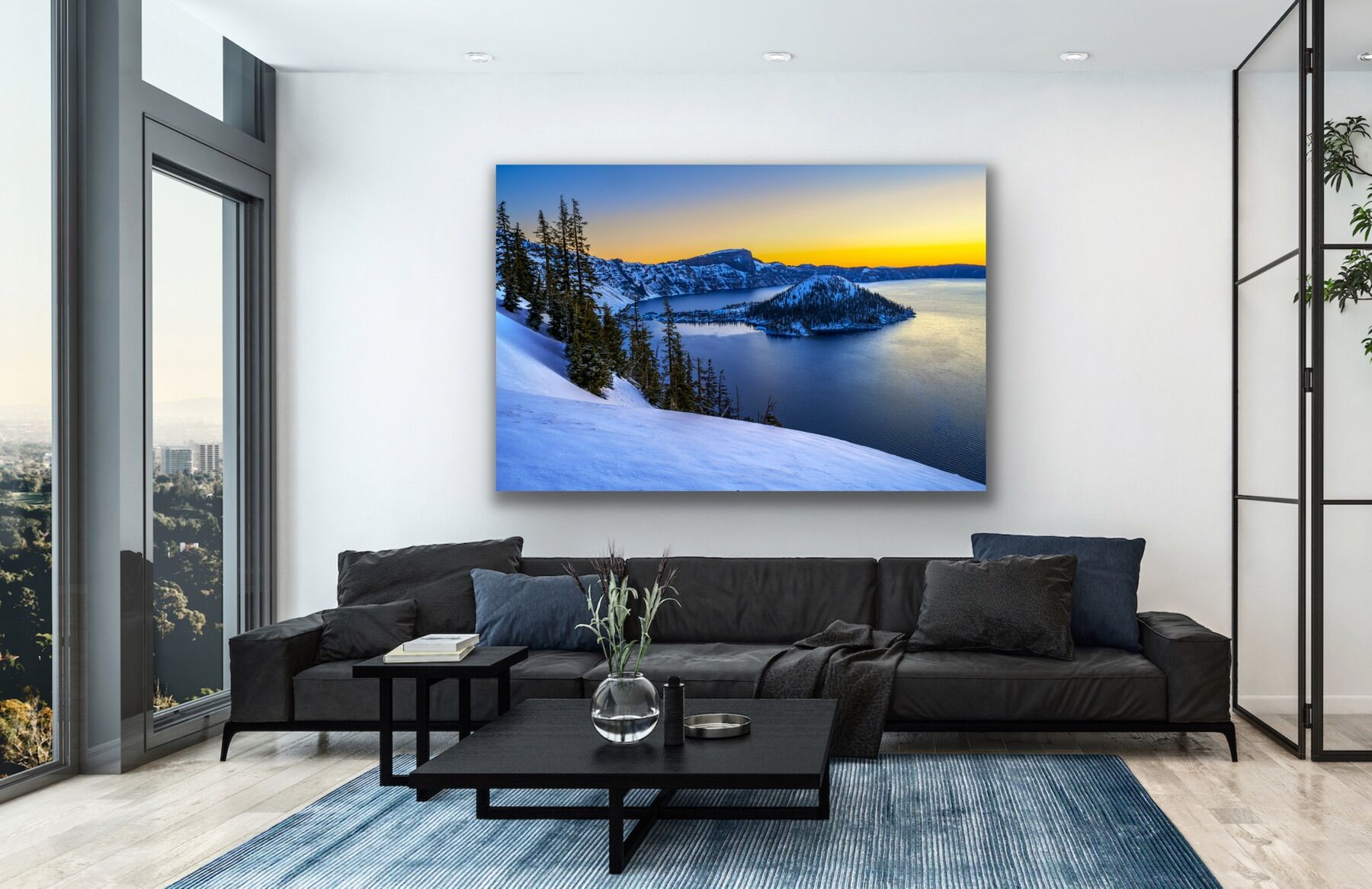 Wizard Island at Crater Lake as a print on the wall in a living room