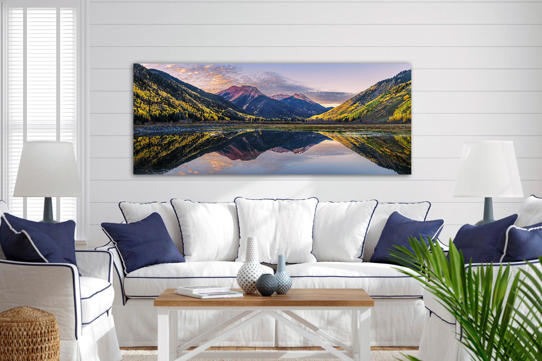 Panoramic landscape view of colorado mountains and fall color as a print on a wall