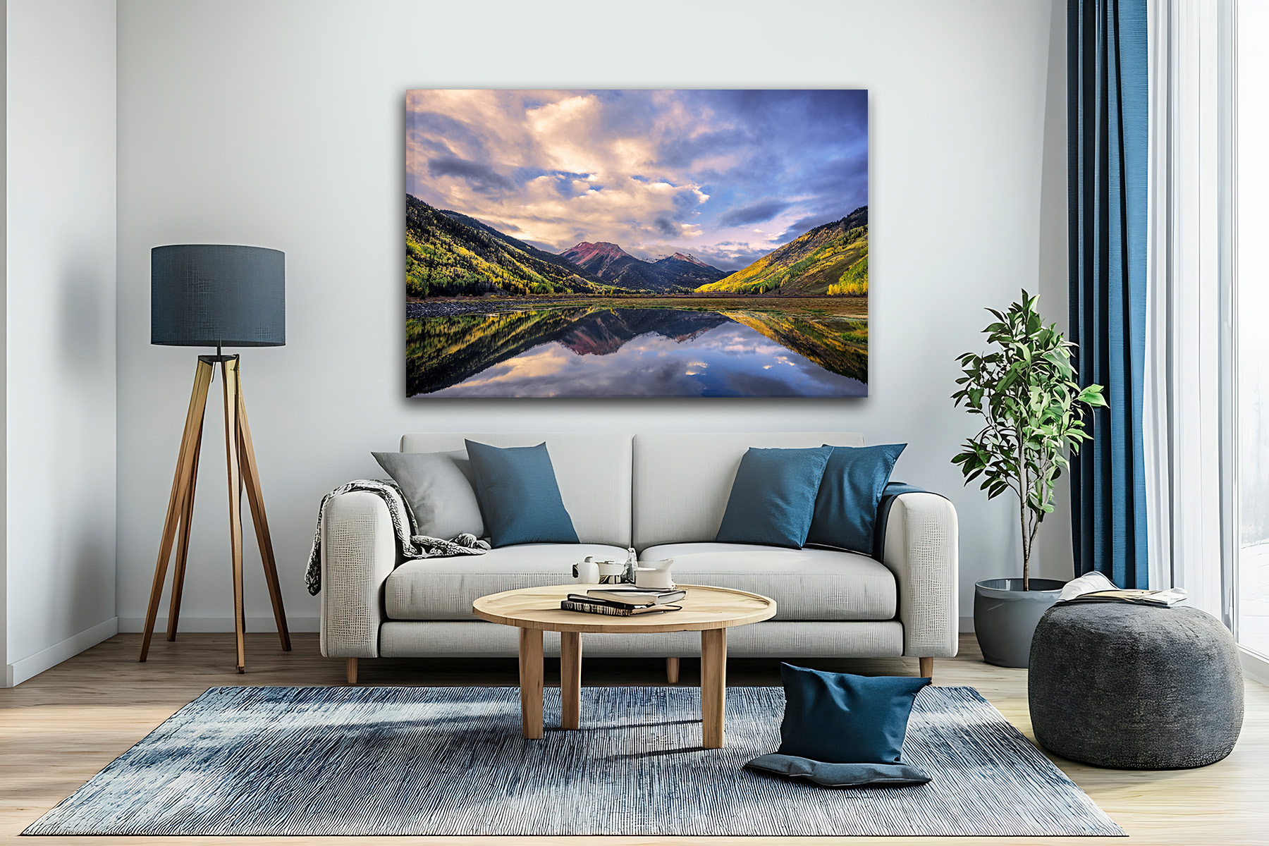Colorado mountains with fall color reflecting in a lake as a print on a wall