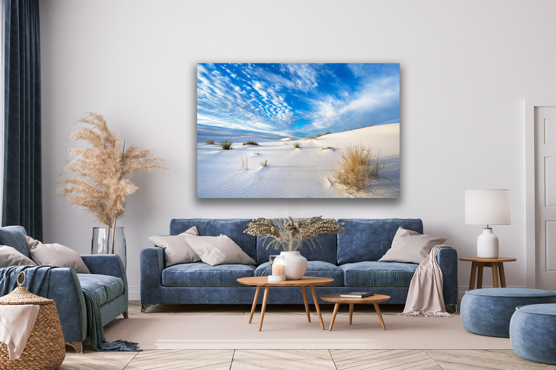Blue skies and clouds above the dunes in White Sands as a fine art photo print on the wall