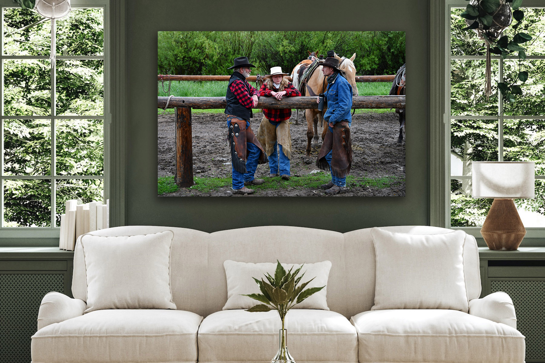 Cowboys and Cowgirls at a corral as a fine art photo print on the wall
