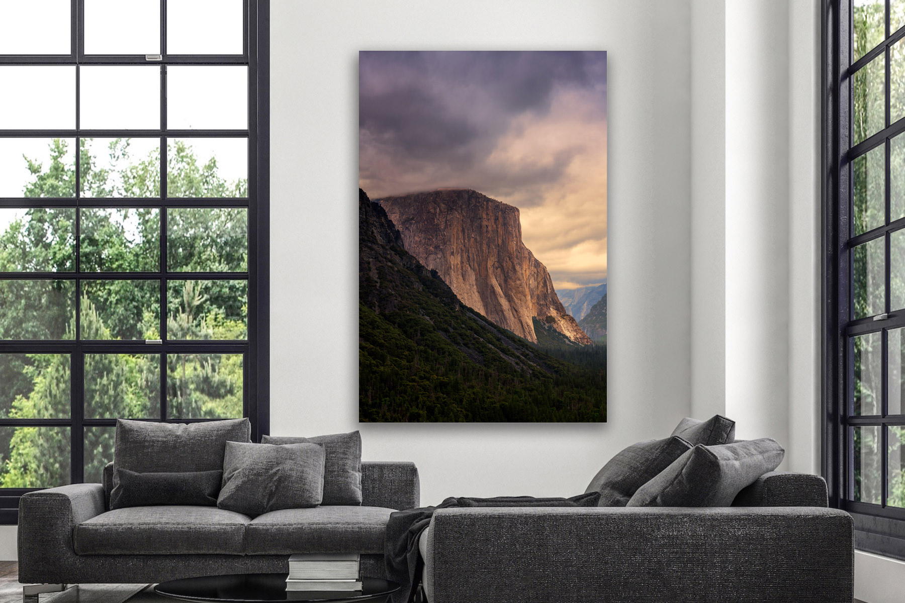 Dramatic clouds over El Capitan in Yosemite National Park as a fine art photo print on a living room wall