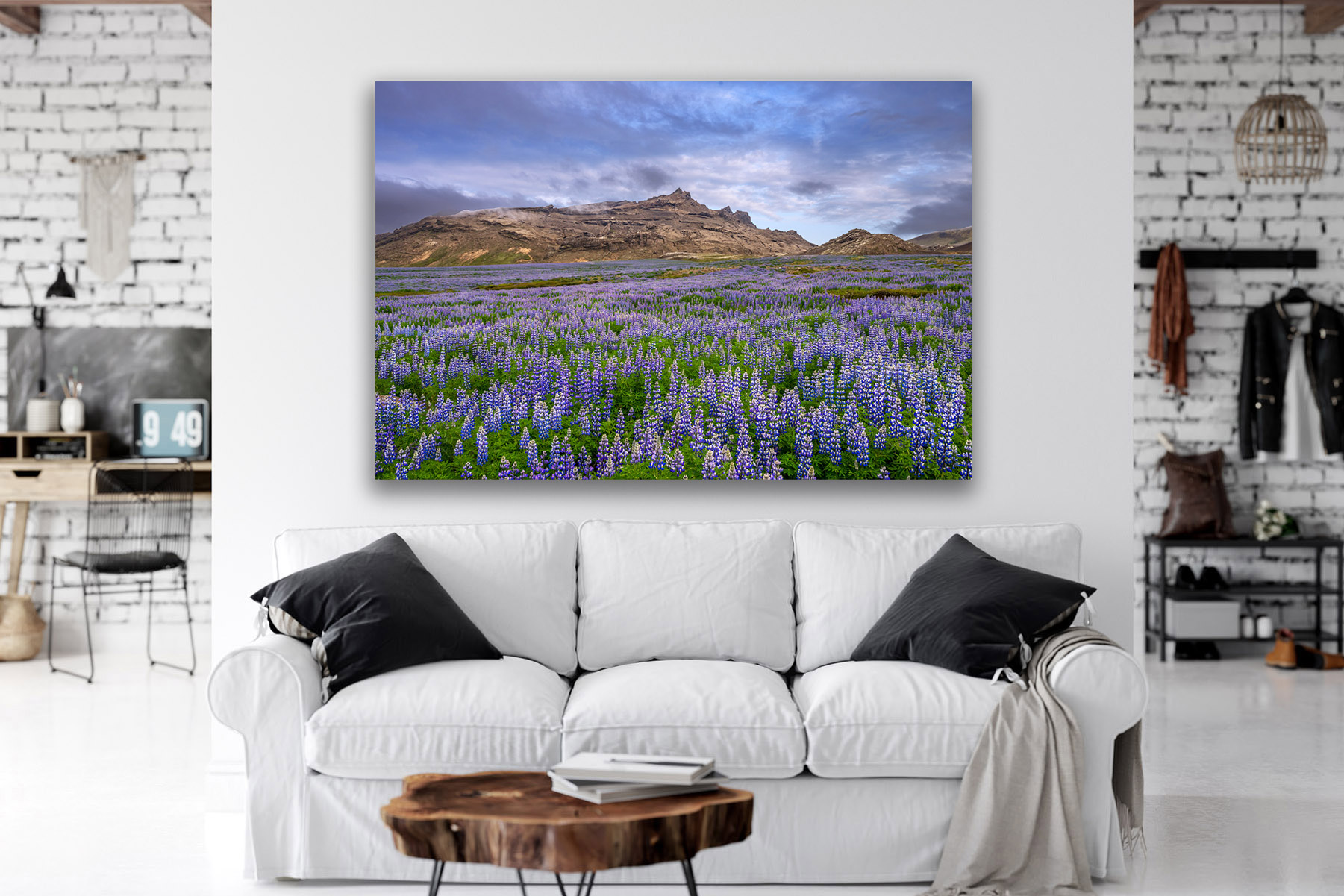 a field of Lupines in front of a mountain in Iceland as a print on the wall