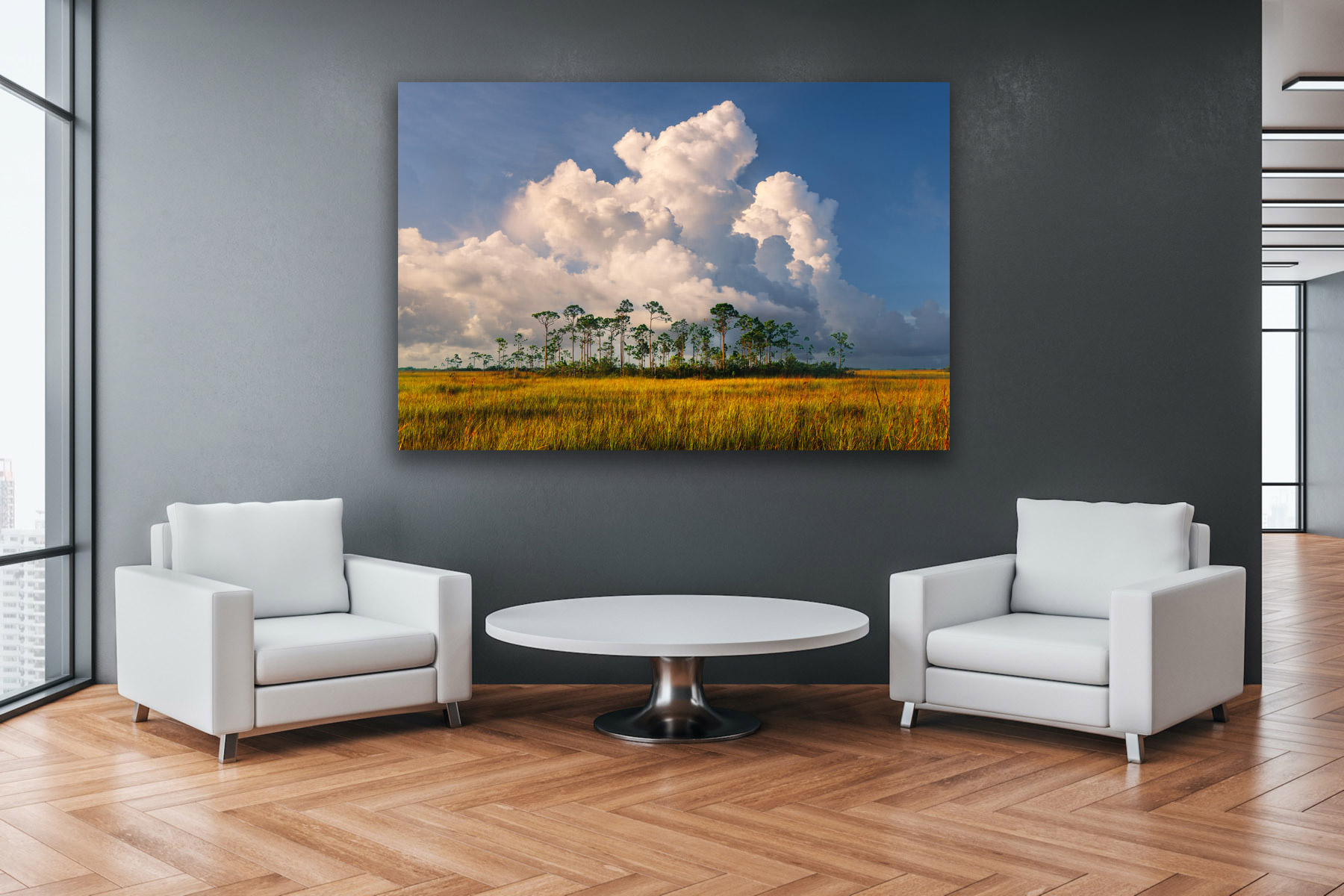 Everglades stand of trees with white thunderhead clouds rising above them