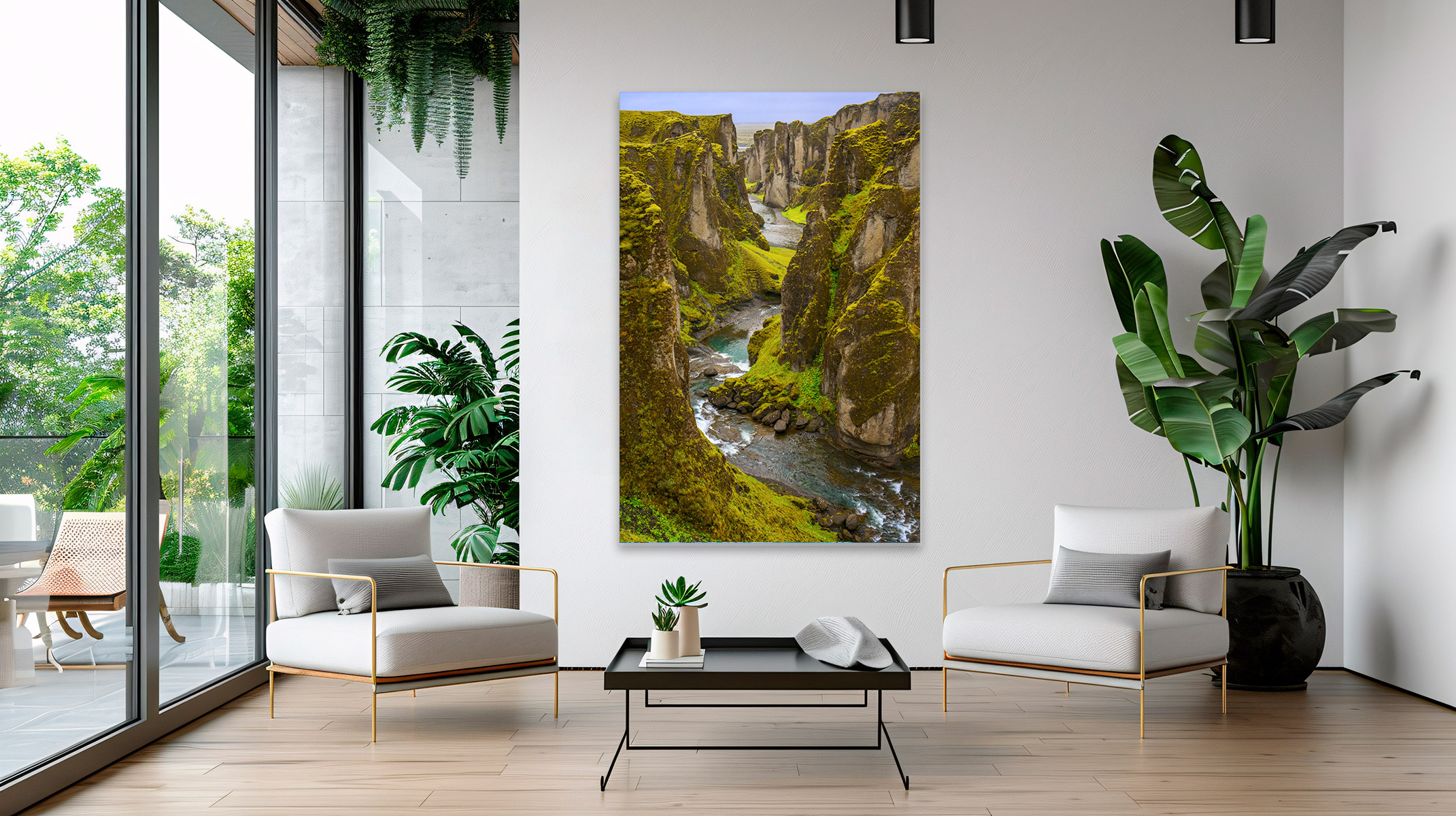 a vertical view of a canyon in Iceland as a print on the wall