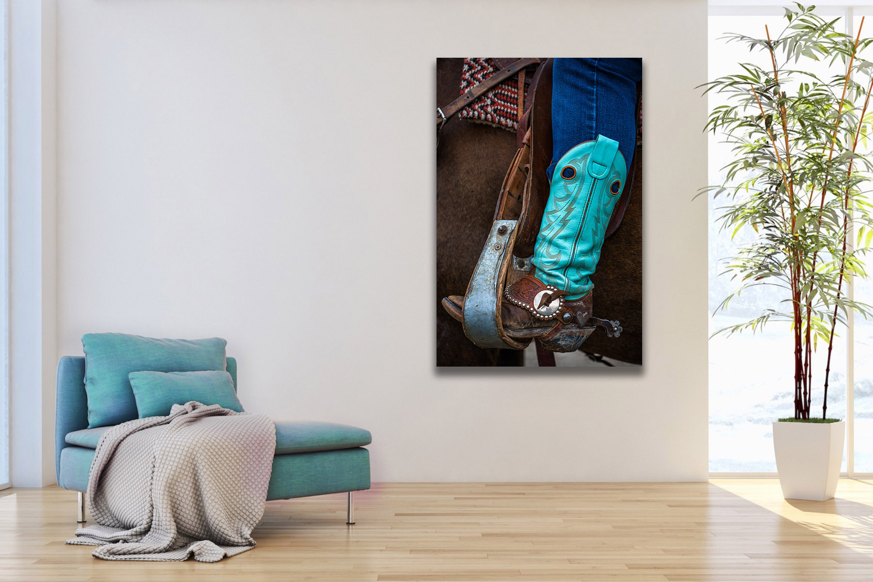 Cowgirl boot in a stirrup as a fine art photo print on the wall