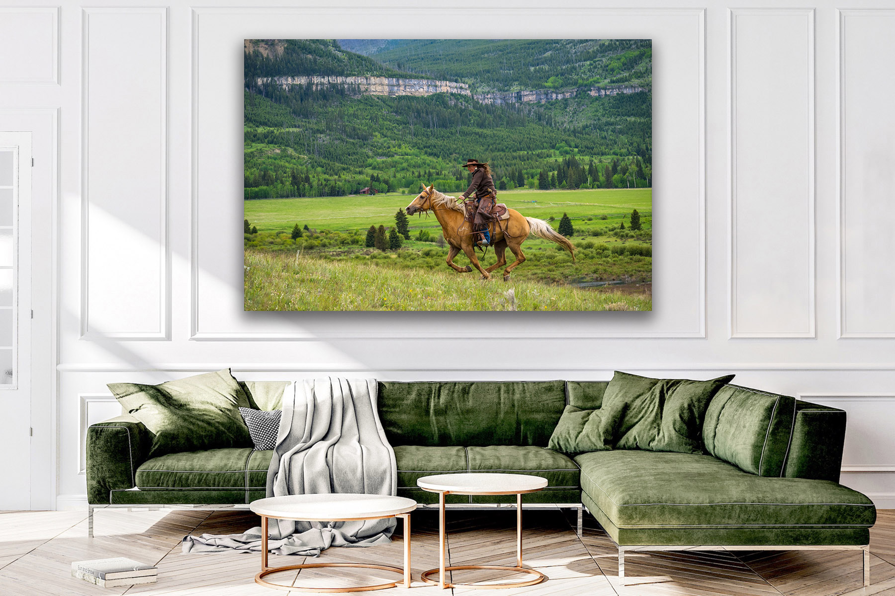Cowgirl riding horse uphill as a fine art photo print on the wall