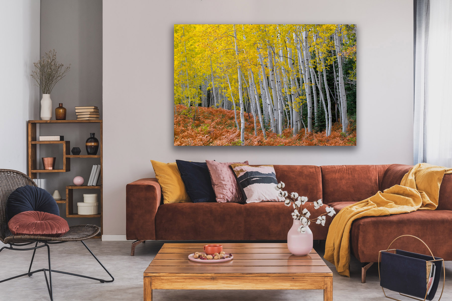 Orange ferns below yellow Colorado Aspen trees as a fine art photo print on the wall
