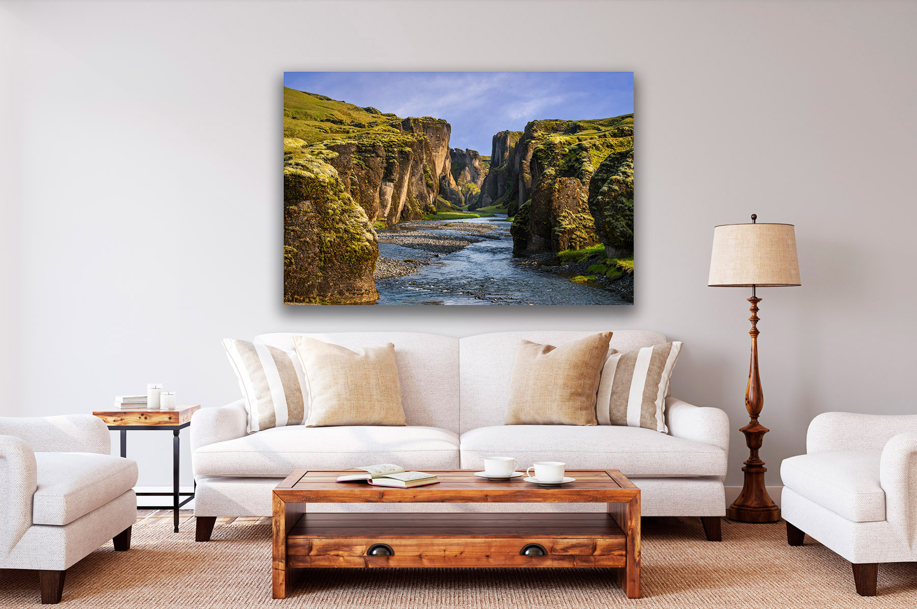 a view up the river in a canyon in Iceland as a print on the wall