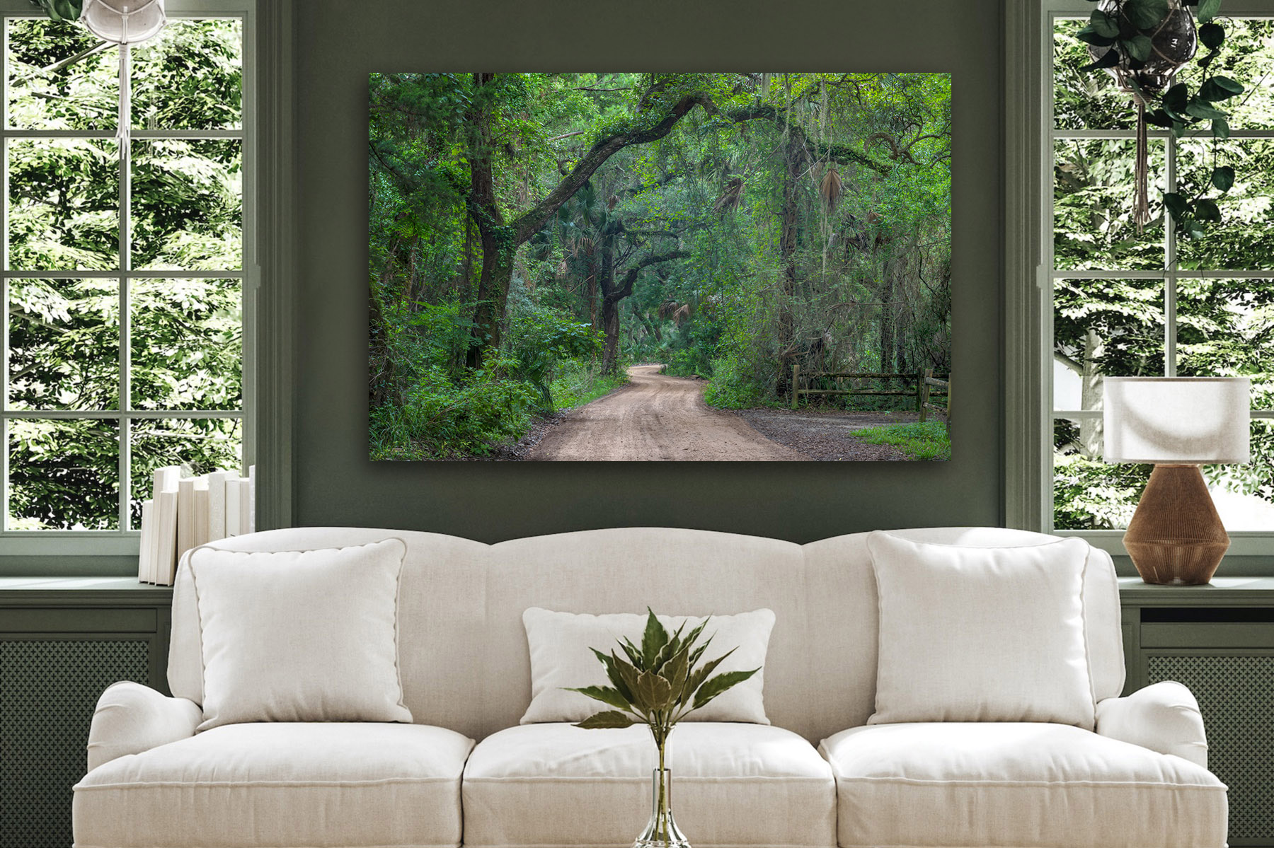 Florida landscape scene of a dirt road in a forest as a print on a wall