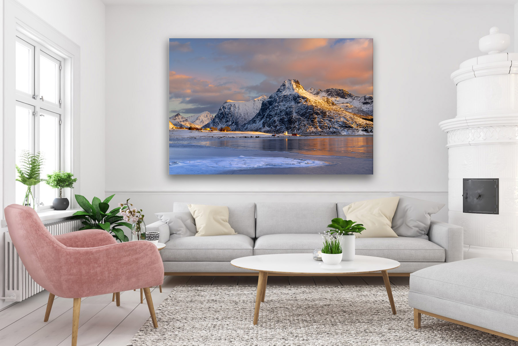 Sunrise colors over a snow covered mountain in winter as a fine art photo print on the wall