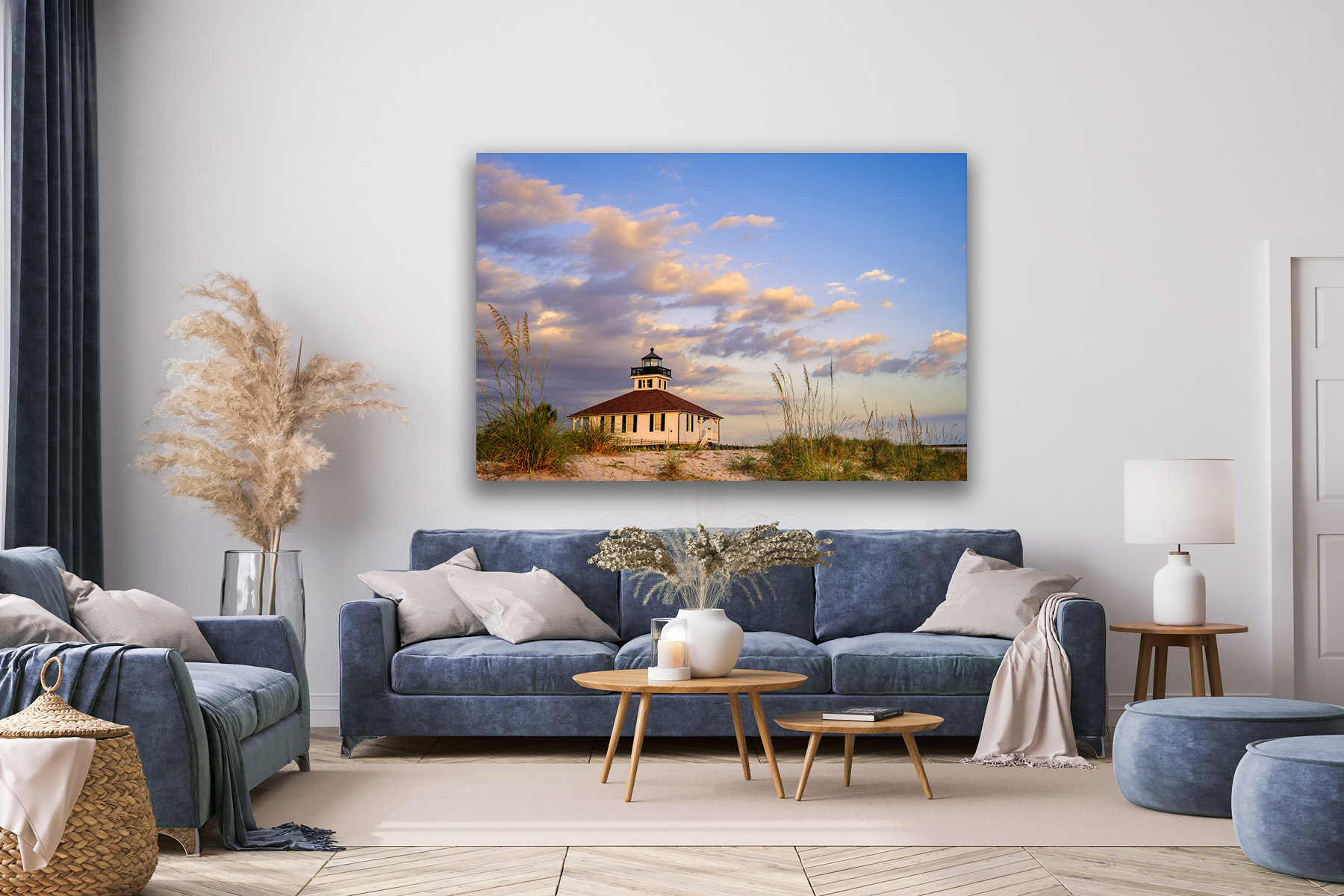 Gasparilla Lighthouse at sunset as a print on a living room wall