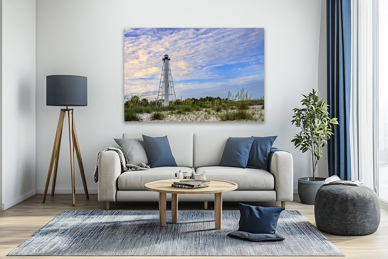 The historic Gasparilla lighthouse at sunrise as a print on a living room wall