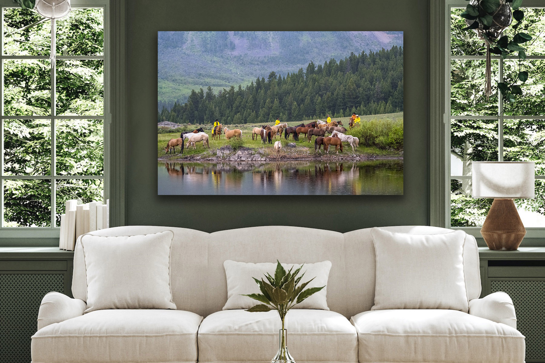 Cowboys and horses gathered at a watering hole as a fine art photo print on the wall