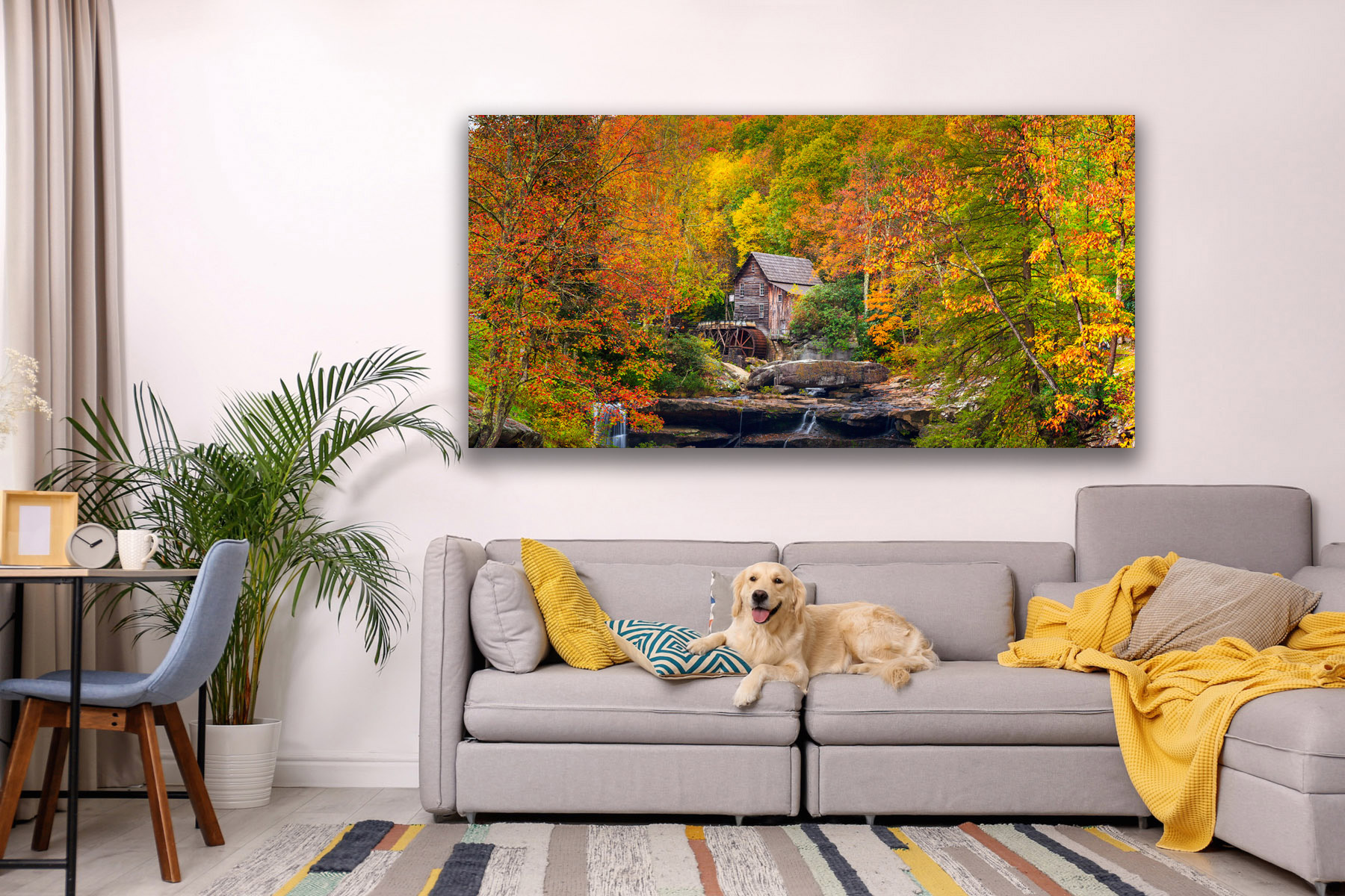 West Virginia Grist Creek Mill in the Fall as a fine art photo print on the living room wall