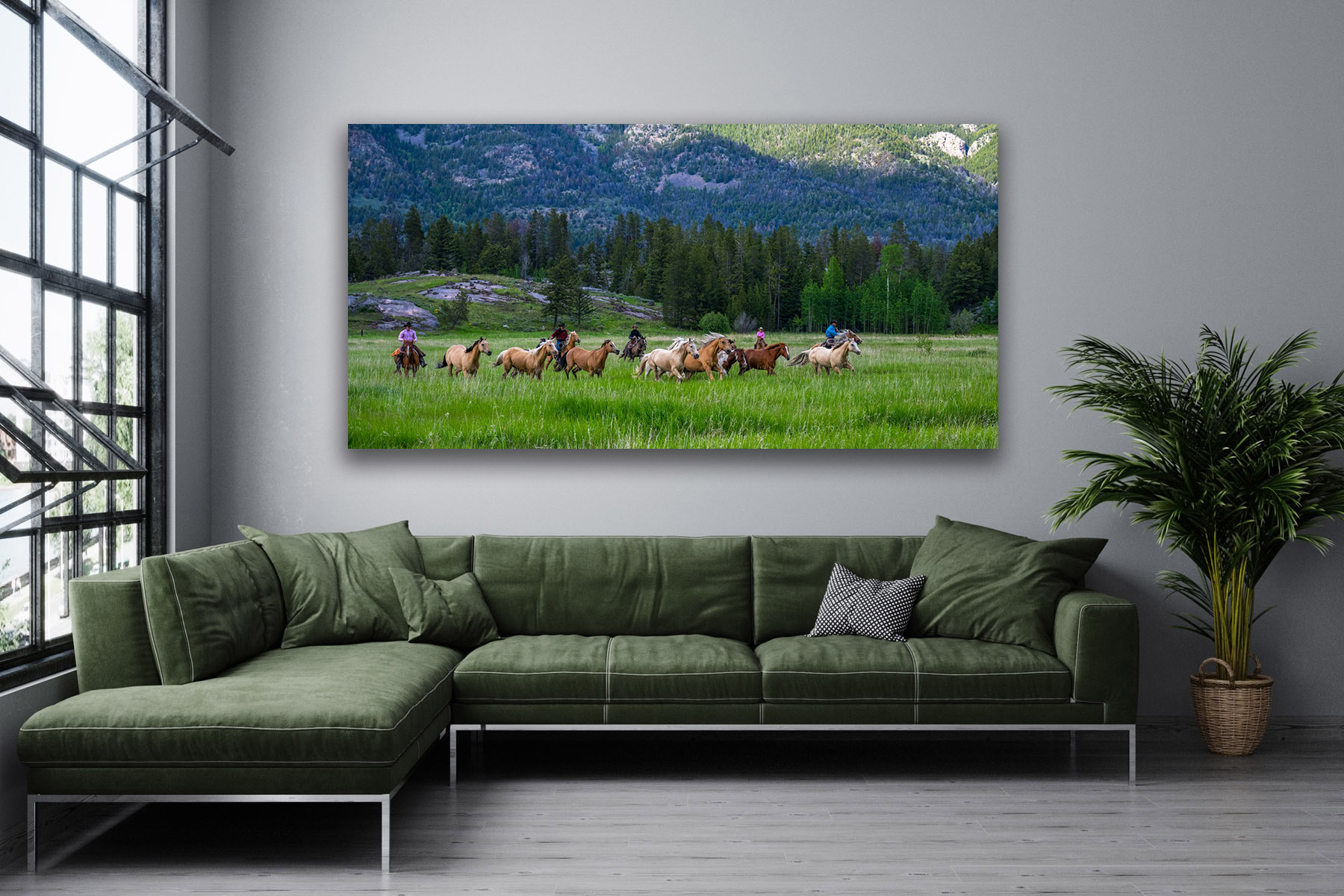 Cowboys guiding running horses as a fine art photo print on the wall