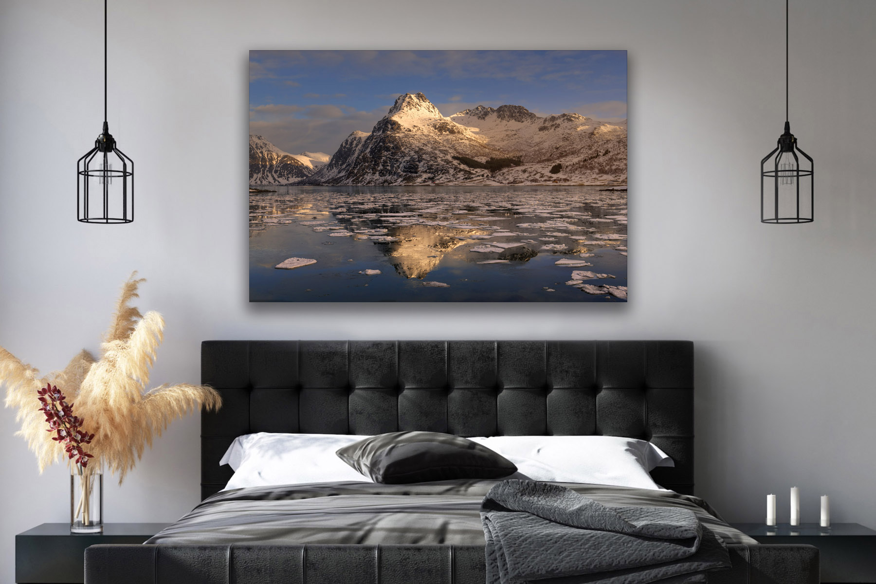 Norway mountains reflecting in ice filled water as a fine art photo print on a bedroom wall