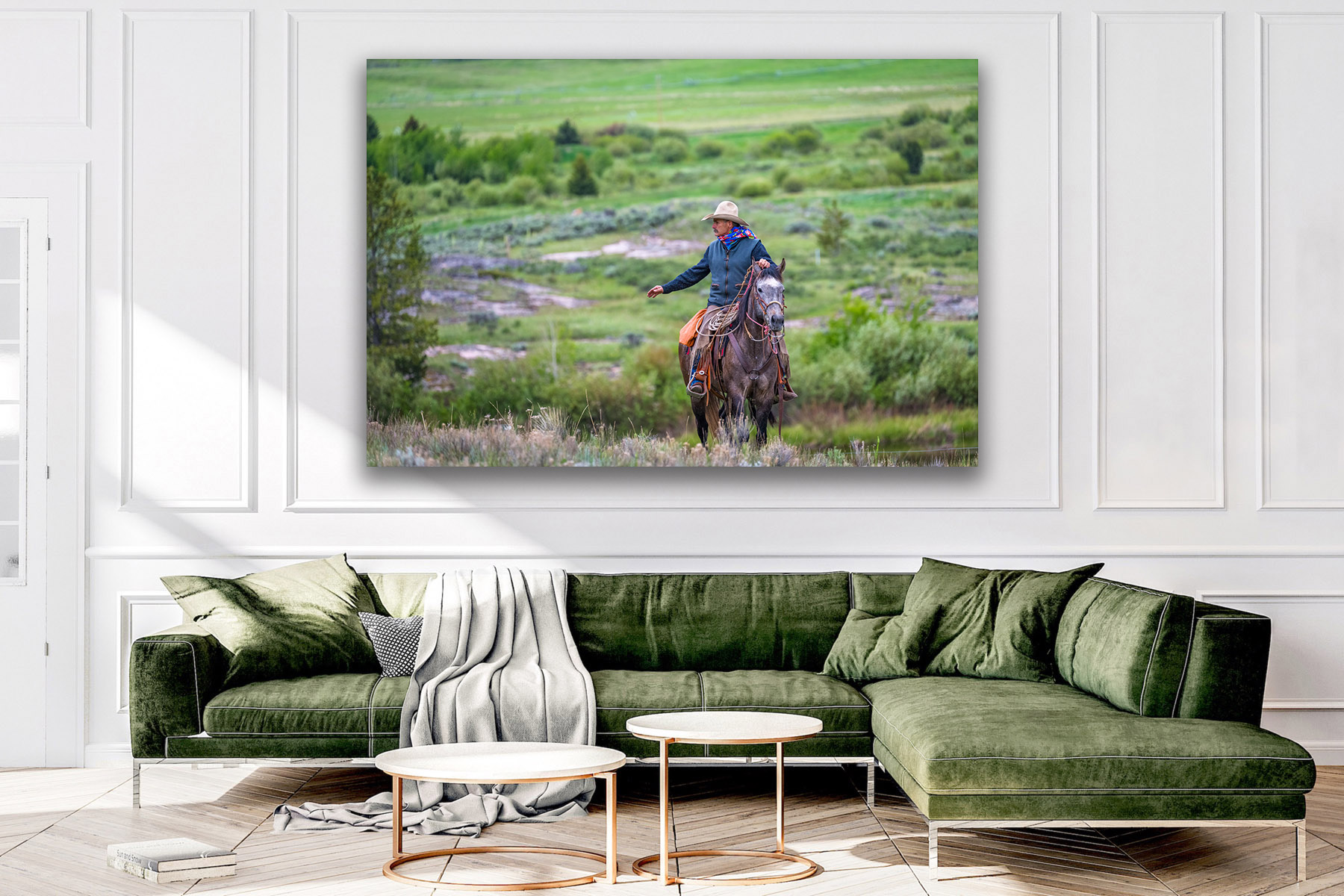 Cowboy on a horse controlling other horses as a fine art photo print on the wall