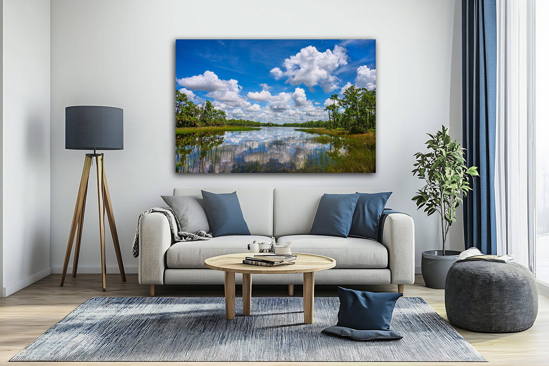 Florida white clouds reflecting in a lake as a print on a wall