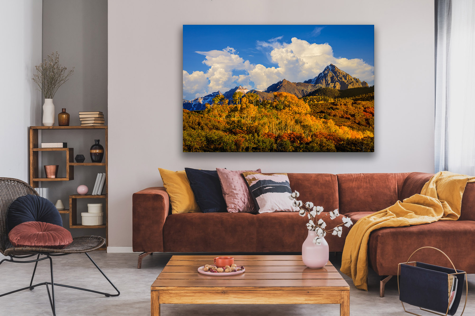Colorado Wall Art of big clouds building over a mountain with fall colors