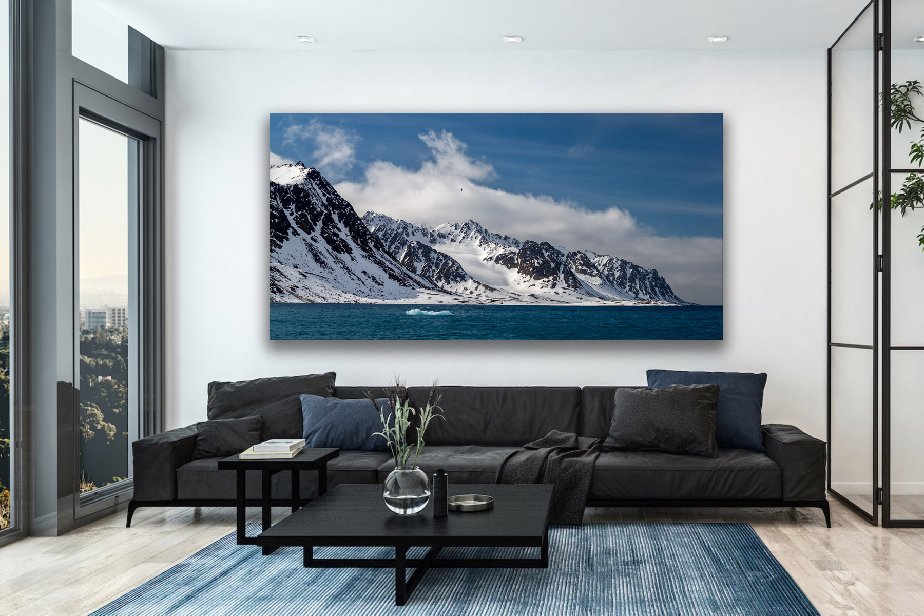Spitsbergen snow covered mountains as a fine art photo print on a living room wall
